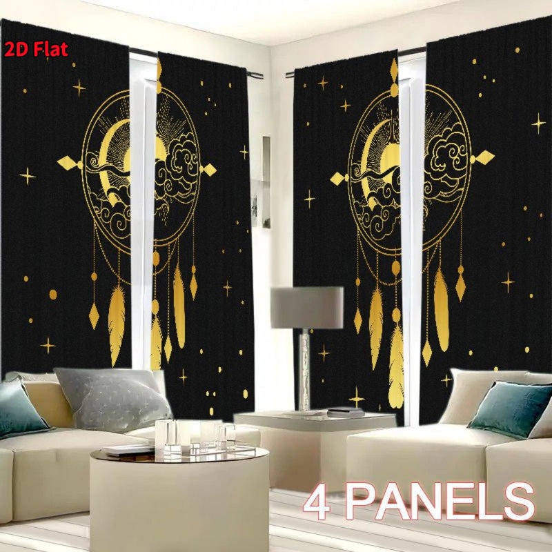 4Pcs Mystical Sun & Moon Dreamcatcher Pattern, Rod Pocket Installation, Digital Print Curtains, Ideal for Bedroom, Living Room, Dining, Kitchen, Home Decor, Privacy Protection