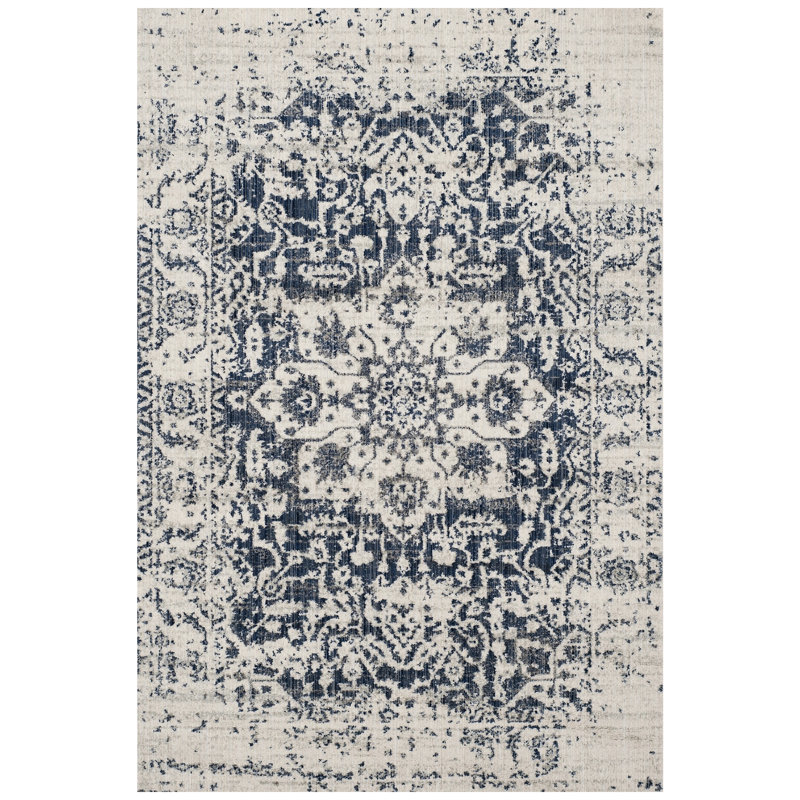 Blue and White Ornate Distressed Rug & Non-Slip Indoor Carpet for Living Room, Bedroom or Study , Rectangle 6' x 9'