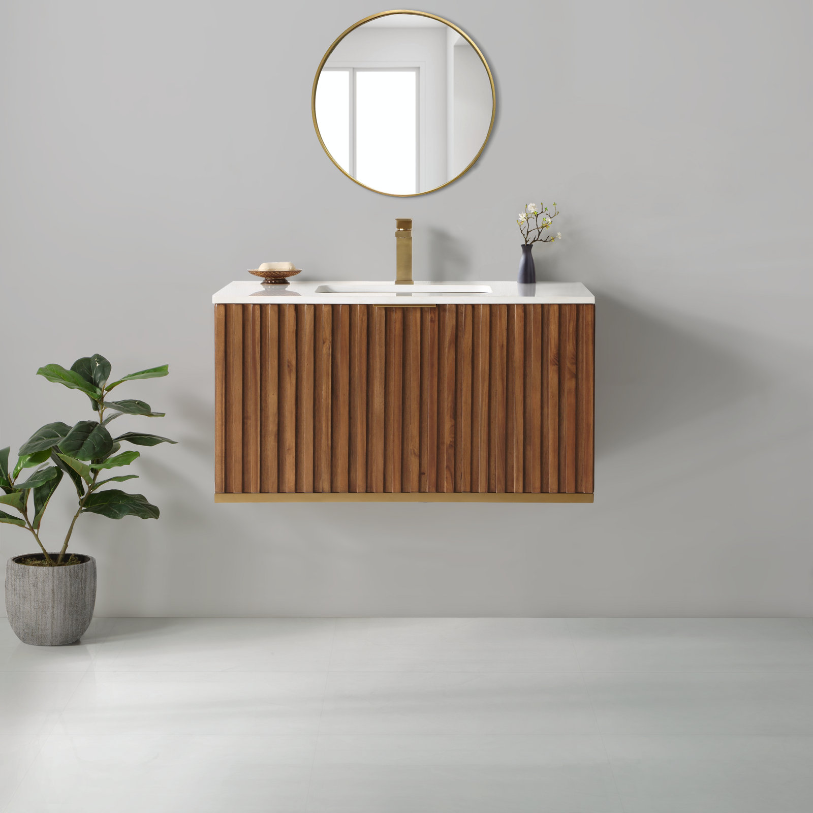 Terra 36'' Single Bathroom Vanity, Walnut, White Granite, Satin Brass