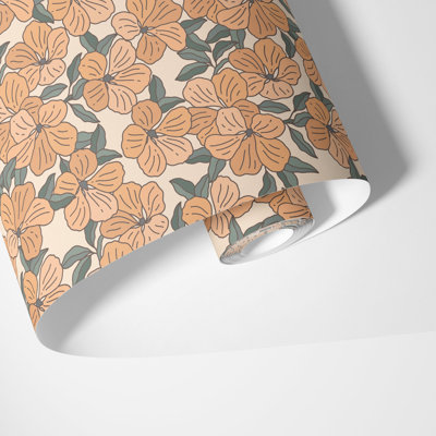 Papier peint orange à motif floral, H 125 po x l 25 po, papier pré-collé