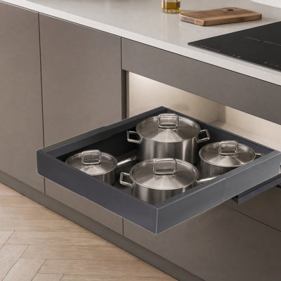 Organisateur de placard coulissant extensible de 53 cm de profondeur avec rehausseur pour placards à cadre, étagère coulissante à 3 rails améliorée, installation adhésive sans outil, largeur réglable de 30,6 à 51,8 cm, noir