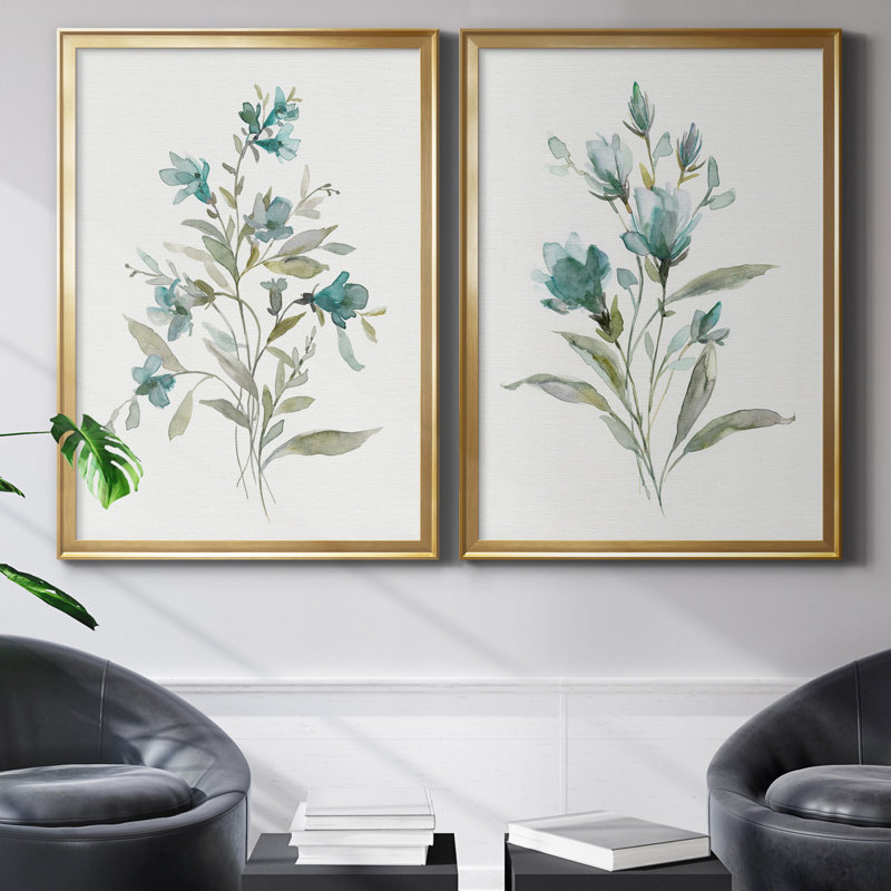 Linen Botanical III - ensemble de 2 reproductions d'art, H 24,5 po x l 37 po x P 1,5 po, Toile encadrée dorée, Pas de tapis