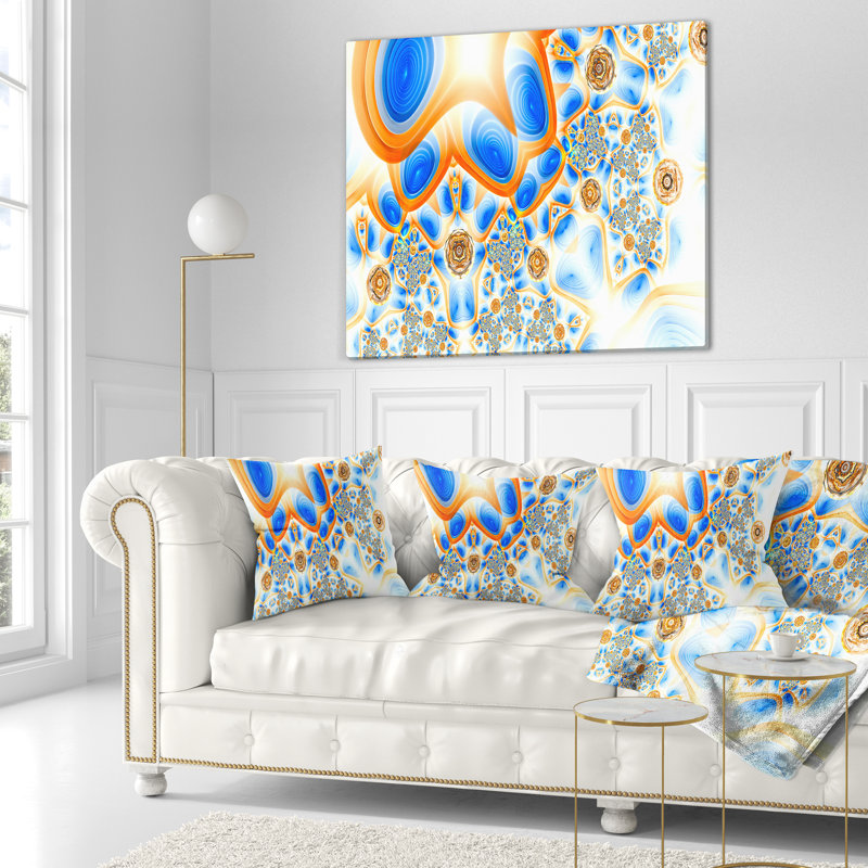 Motif exotique - Coussin imprimé abstrait, 18 po x 18 po, Jaune / Bleu, Coussin décoratif