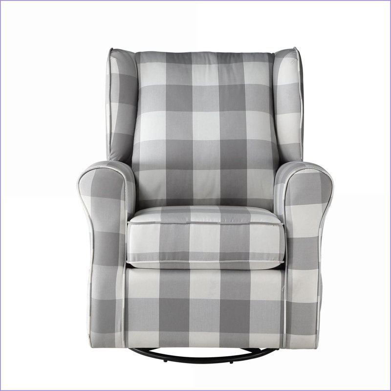 Fauteuil coulissant pivotant, gris clair traditionnel & amp; Fauteuil à oreilles à carreaux blanc avec accoudoirs roulés | Structure en bois | Revêtement en tissu
