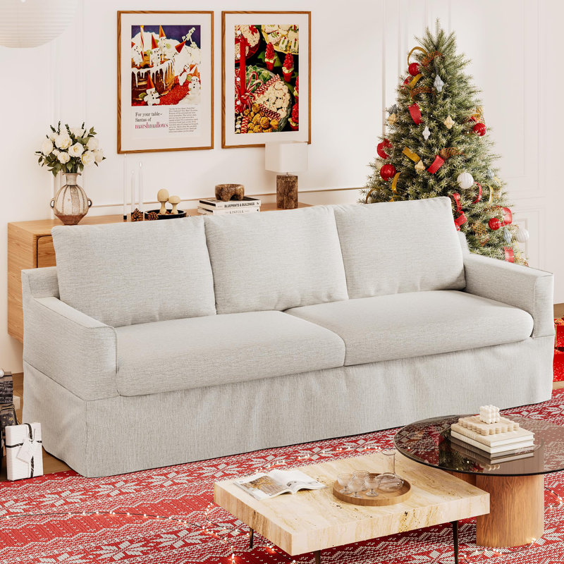 93" Slipcovered Chenille Sofa, 3-Seater Couch With Deep Seat & Removable Cover, Creamy White