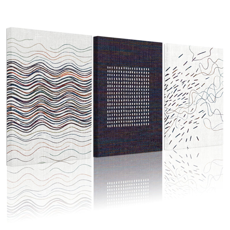 Ensemble de 3 tableaux abstraits sur toile tendue, lignes ondulées et points, H 24 po x l 48 po