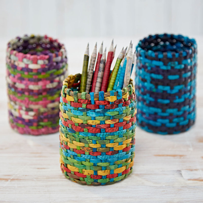 Round Recycled Newspaper Pencil Holder, Blue/Green/Yellow/Red