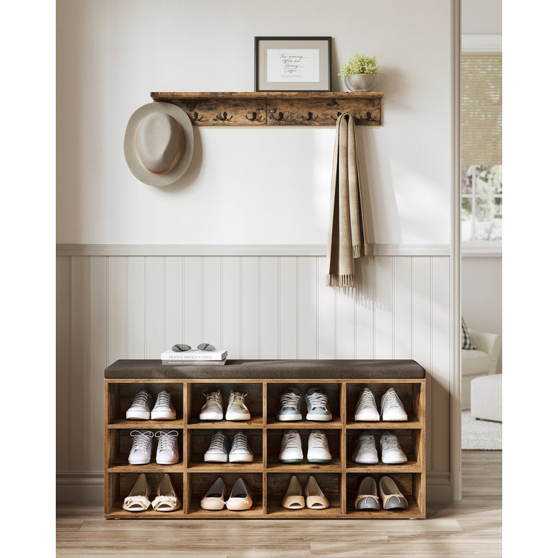 12 Pair Shoe Storage Bench, Rustic Brown
