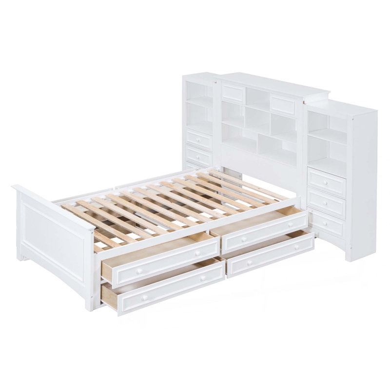 Lit plateforme en bois avec armoire verticale tout-en-un et 4 tiroirs de chaque côté, Blanc