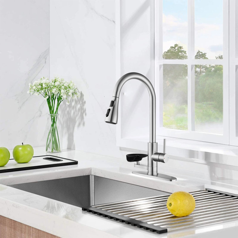 3-In-1 Kitchen Faucet With LED Temperature Display, High-Arc Pull-Down Sprayer, And Press-Type Glass Rinser, Brushed Nickel