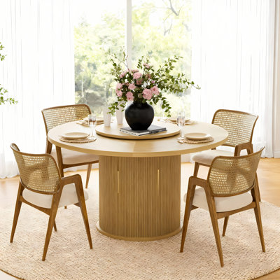 55" Round Dining Table (Natural) Seats 6 - Wooden Dining Table With Double Storage Shelves, Rotating Tray, And Wavy Sliding Door - Suitable For Dining/Living Rooms