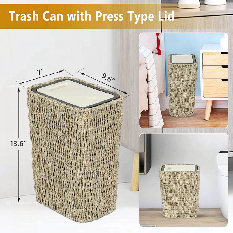 Poubelle, boho avec couvercle, petit rotin 2,6 gallons avec couvercle à pression, corbeille à déchets en osier mince et panier à linge 2 en 1 pour salle de bain, poubelle tissée en ruppie maritime pour salle de bain, cuisine