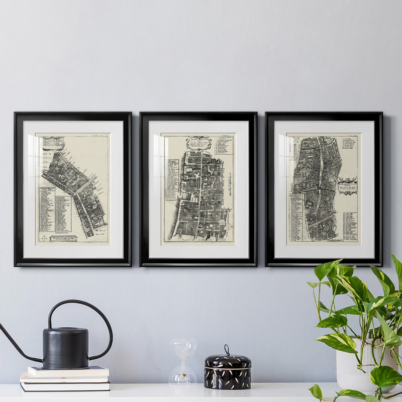 Quays of London III - ensemble de 3 reproductions de dessins encadrés, H 24,5 po x l 55,5 po x P 1 po, Cadre noir