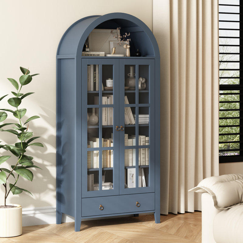 Kalaen 71" Arched Display Wood Cabinet with Tempered Glass and Adjustable Shelves (Dark Blue Color), Dark Blue