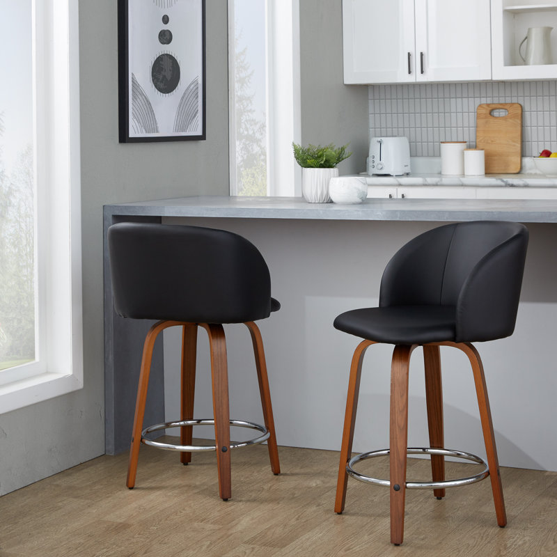 Terrance Fixed-Height Bar & Counter Stools With Bent Wood Legs & Round Footrest, Counter Stool (24” Seat Height)”