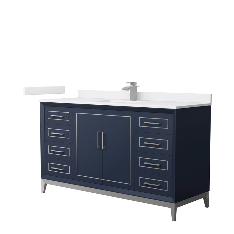 60'' Single Bathroom Vanity with Cultured Marble Top, Brushed Nickel, Dark Blue, Carrara Cultured Marble