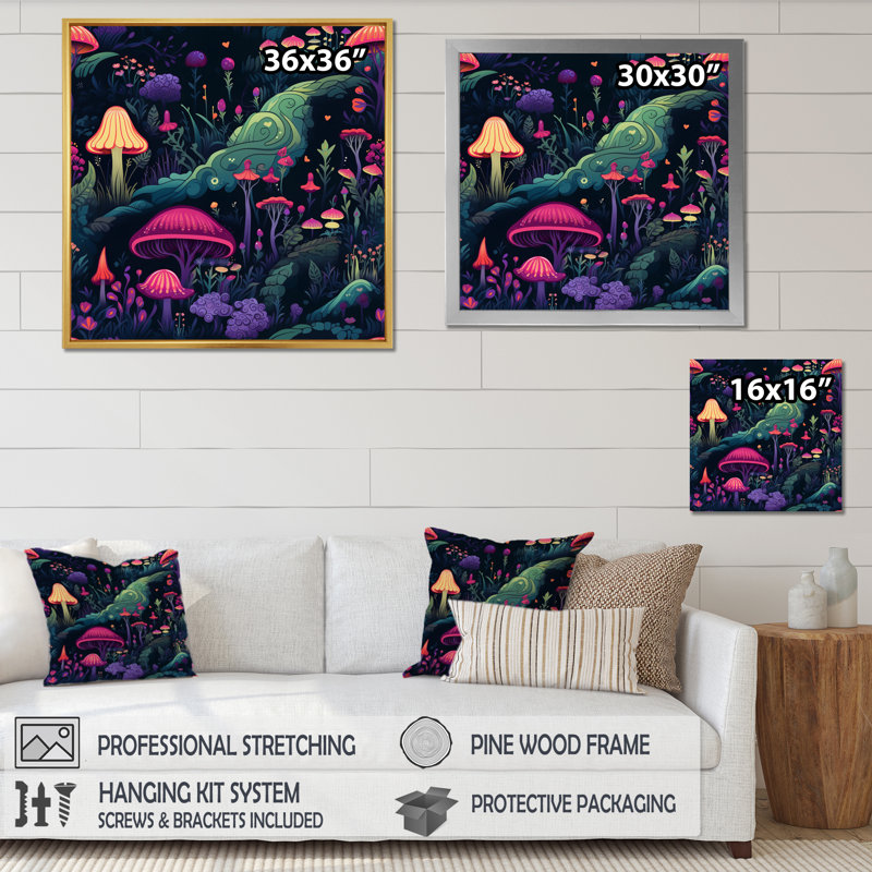 Magical Mushroom Enchanted Forest I sur impression sur toile, H 36 po x l 36 po x P 1,5 po, Cadre flottant blanc