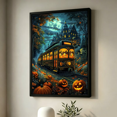 Tableau sur toile encadré « Train d'Halloween parmi des citrouilles et un manoir », cadre doré, 40 x 60 cm