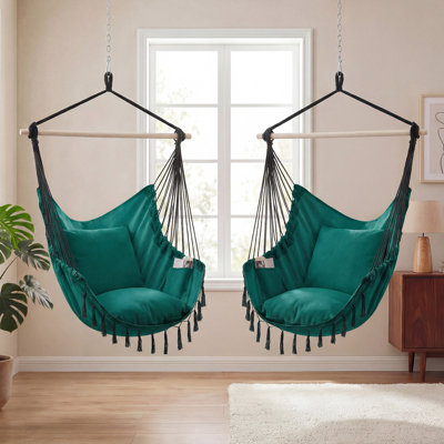 Single Hanging Chair With 2 Cushions, Hammock Swing Chair, Macrame Boho Hammock With High Load-Bearing Metal Rod, Indoor & Outdoor