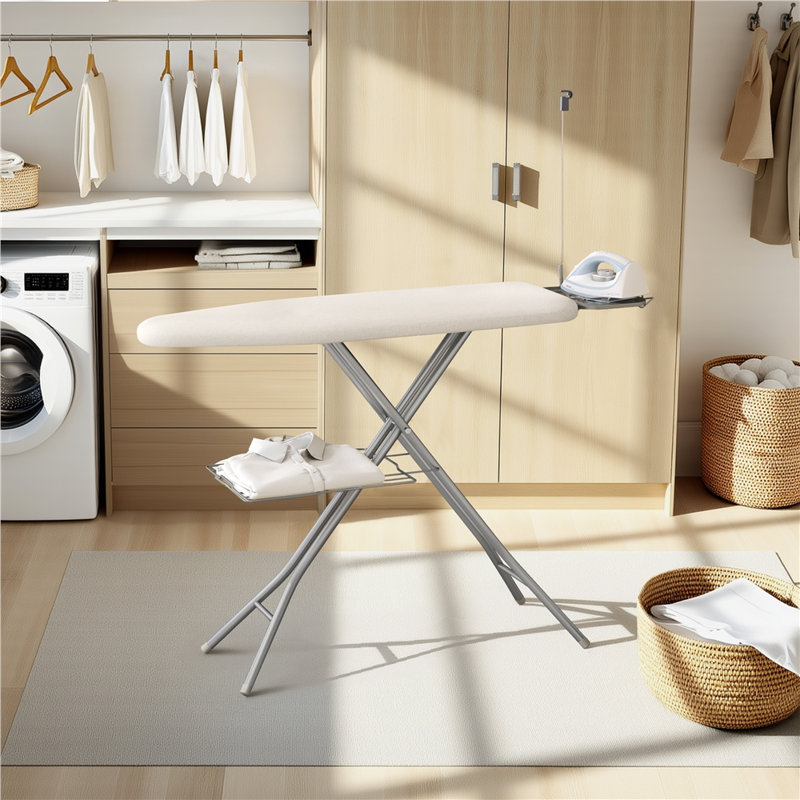 Table à repasser à hauteur réglable avec 4 pieds, Beige avec portemanteau