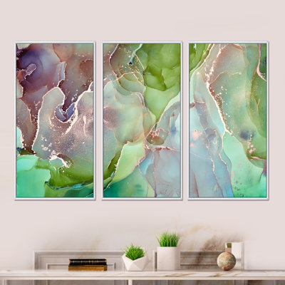 «Green and Pink Abstract Ink Art», impression sur toile flottante 3 pièces