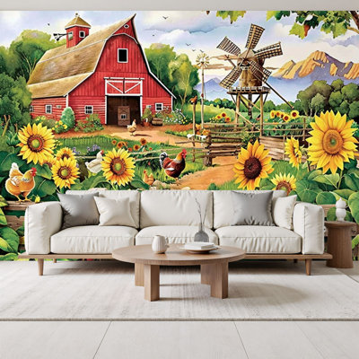 Peel and Stick Wallpaper Farmhouse Rustic Animal Chicken Yellow Sunflower Windmill Western Wall Murals 100"H x 144"W Removable PVC Wall Paper Self-Adhesive Wall Decor for Bedroom Living Room Home Office