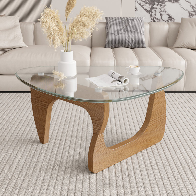 Modern Triangle Coffee Table, Tempered Glass Top & Curved Wooden Base for Living Room, Natural, Clear Glass