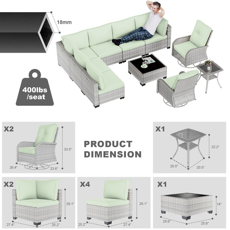 10-Piece Patio Furniture Set, Outdoor Patio Furniture with Swivel Chairs Set, Thick Cushions, Modular Patio Sofa, Dual-Strand Wicker Rattan, Rust-Resistant Frame,