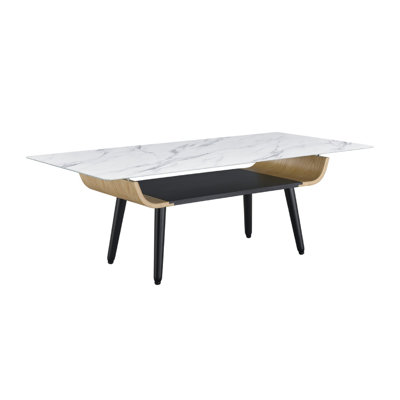 Nue Coffee Table, 47 Inch 3D Printed Glass Marble, Curved Shelf, White