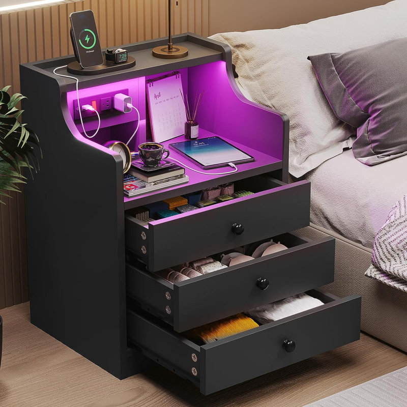 Nightstand Set Of 2 With Charging Station, Led Bedside Table With Drawers, Black