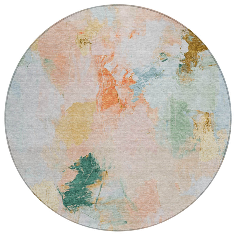 Machine Washable Indoor/Outdoor Xhevrie Peach Rug, Round 8'