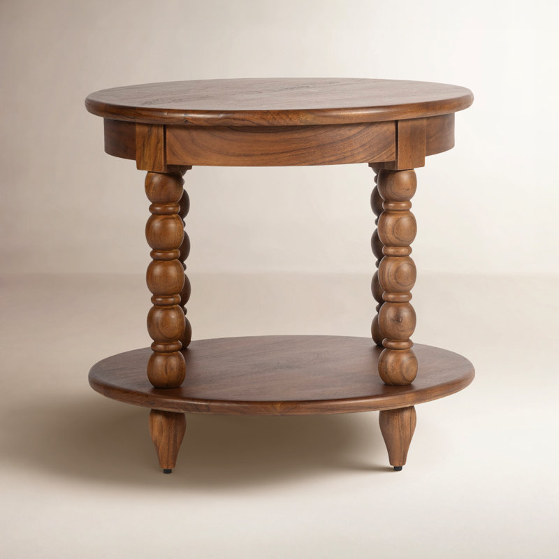 Isabel Spindle Solid Wood Round End Table Gloss Finish Decorative Double Layer Side Table for Living Room Use, Brown