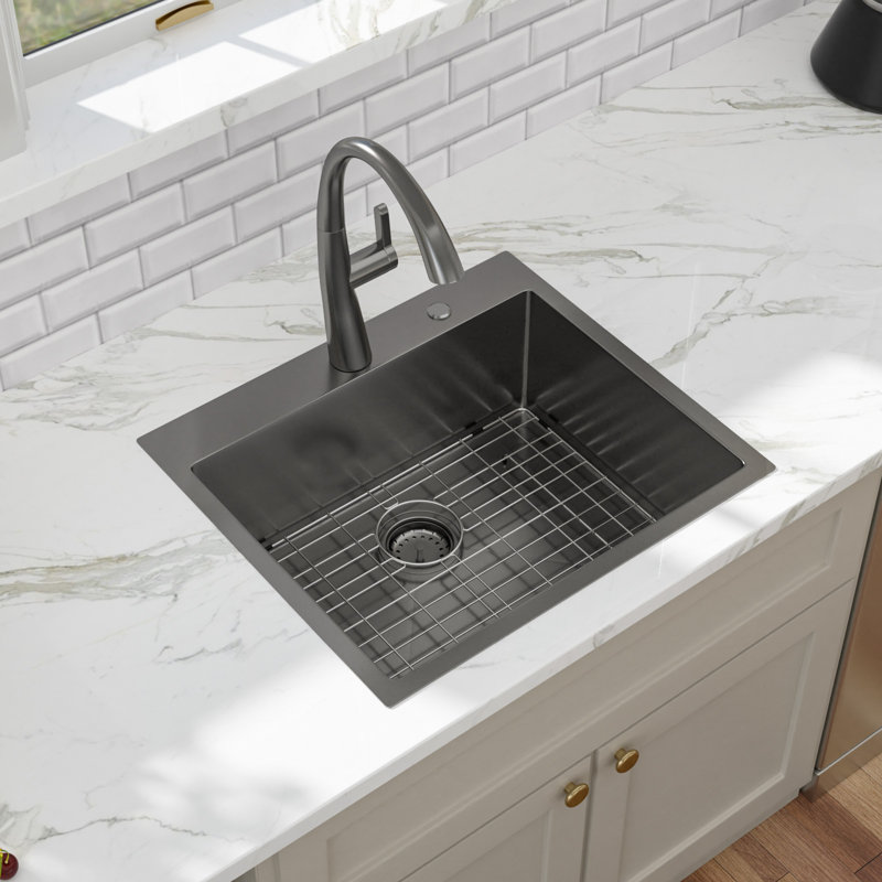 25'' L x 22'' W Drop-In Stainless Steel Kitchen Sink, Nano Titanium Coated Gunmetal Black Single Bowl Sink with Sink Grid, Strainer and Roll-up Rack
