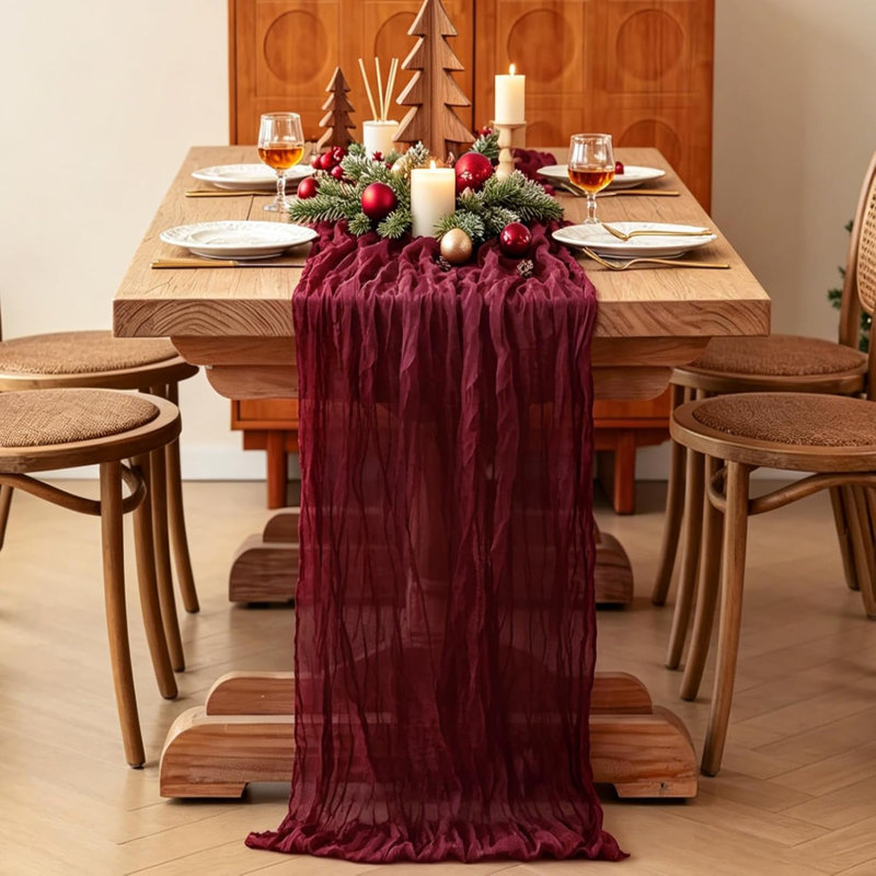 Chemin de table 3 pièces bourgogne, chemin de table 10 pi Boho rustique bordeaux marron 120 pouces tissu de fromage rouge