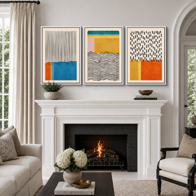 «Abstract Vibrant Color Blocks», œuvre d'art moderne de style Mid-Century, images murales multicolores géométriques, ensemble de 3 impressions sur toile encadrées