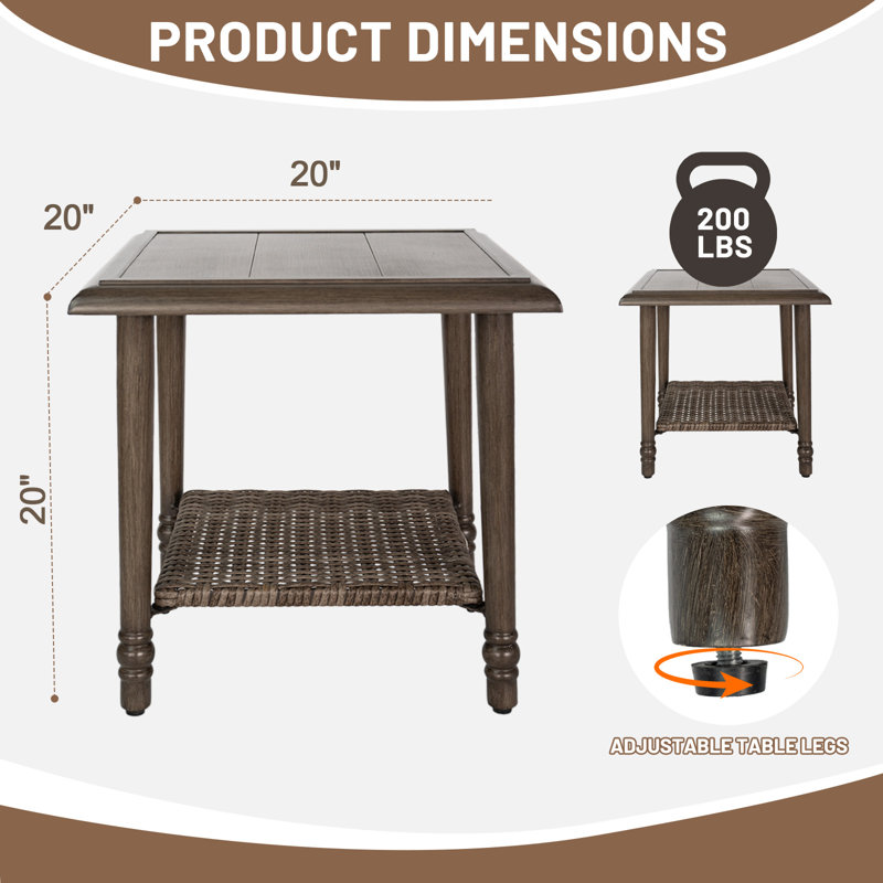 Table d'appoint carrée en osier 20 pouces avec tablette de rangement
