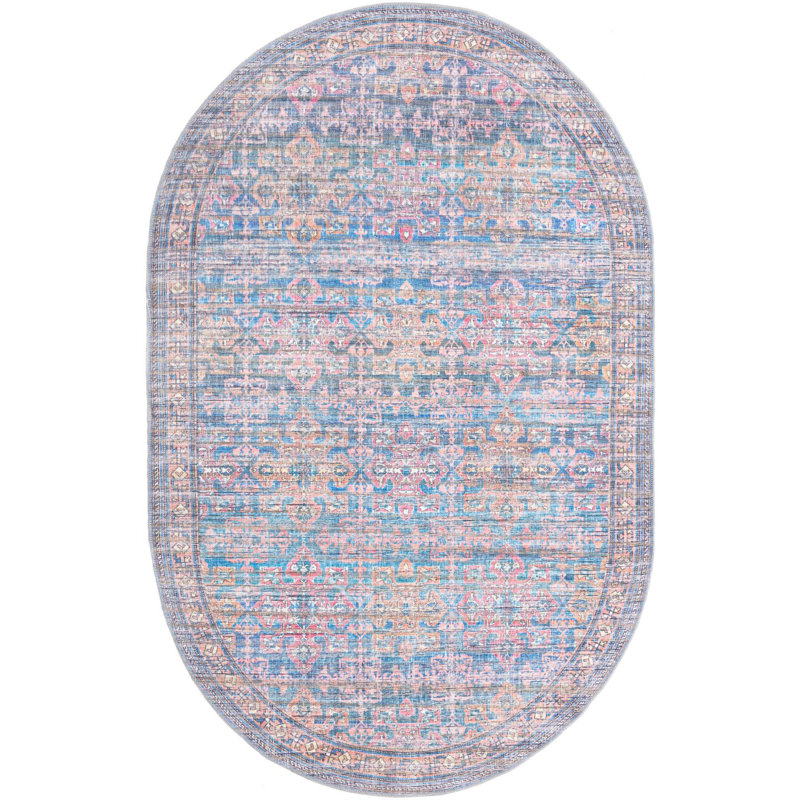 Tapis bleu tissé à la machine Hadsell, Ovale 5 pi 3 po x 8 pi