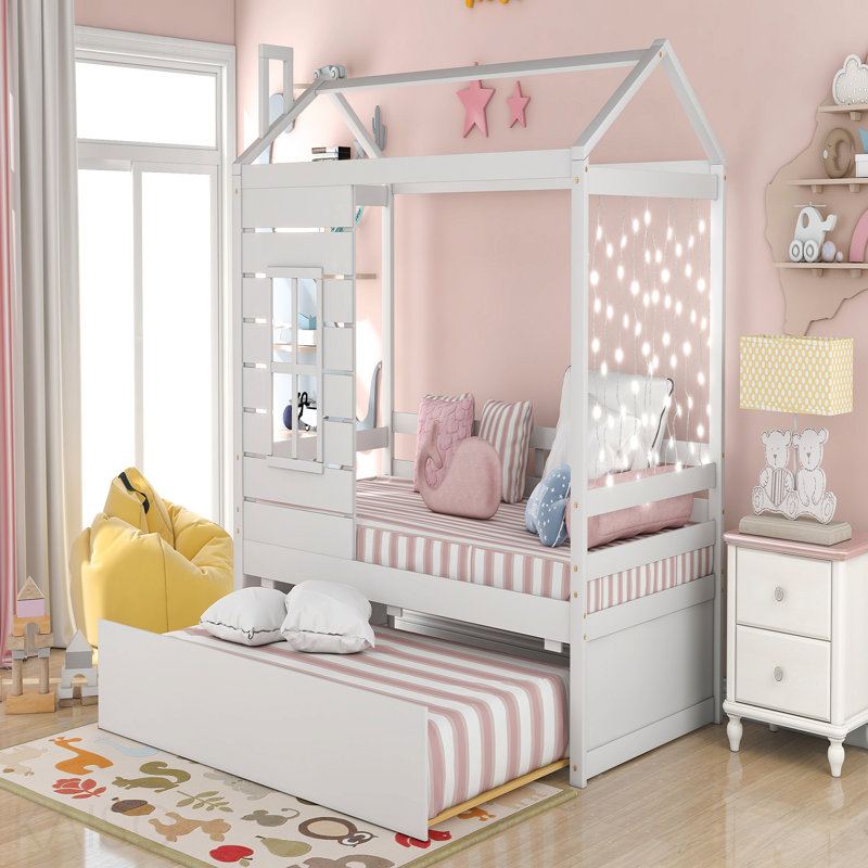 Lit simple en bois avec lit gigogne simple (blanc)