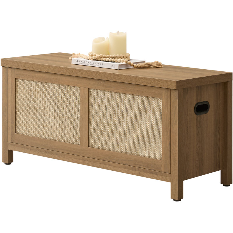 39.4" Bohemian-Inspired Rattan Bench, Multi-Functional With Hidden Storage, Caramel Oak, 1