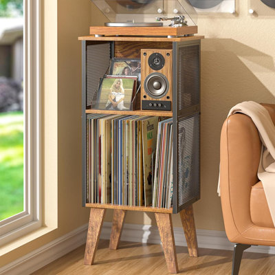 Vinyl Record Player Stand With Storage For 100 Albums, 3-Tier Media Console With Adjustable Dividers For Turntable, Speakers, Cds And Books, Retro Sty by Hokku Designs