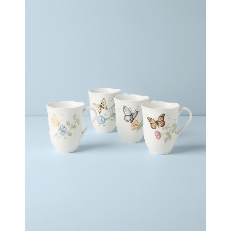 White Ceramic Butterfly Floral Spring Mug Set, 4-Piece