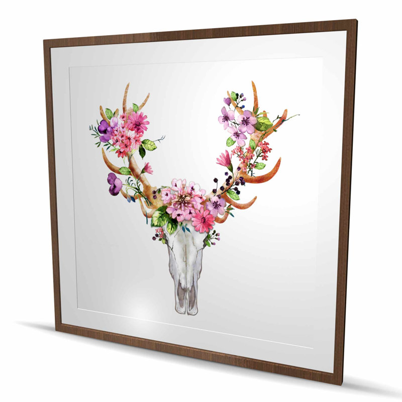 Crâne de cerf rustique avec fleurs | Meilleure vente, reproduction encadrée, H 48 po x l 48 po, Brun