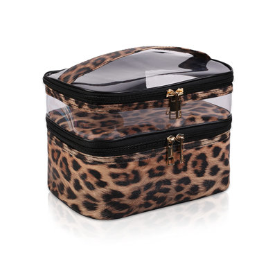Double-Layer Cosmetic Bag Makeup Bag Travel Makeup Bag Makeup Bags Cosmetics Cases Portable Waterproof Foldable (Leopard)