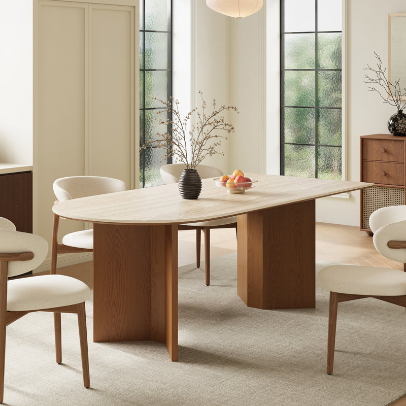 Table de salle à manger 71 "avec plateau de table en travertin beige, deux bases en bois brun, table de salle à manger ovale à bords arrondis et sièges de table 4-6