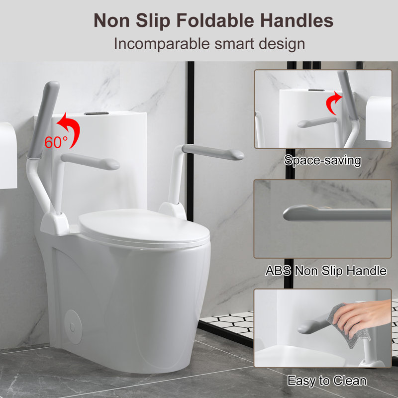 Toilette une pièce avec accoudoirs pliables Céramique siphonique blanche à double chasse 17 po de hauteur ADA