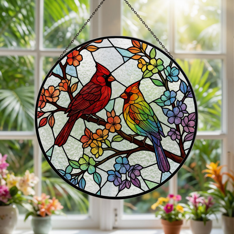 12"H Cardinal Birds Stained Glass Window Panel, 12" H x 12' W
