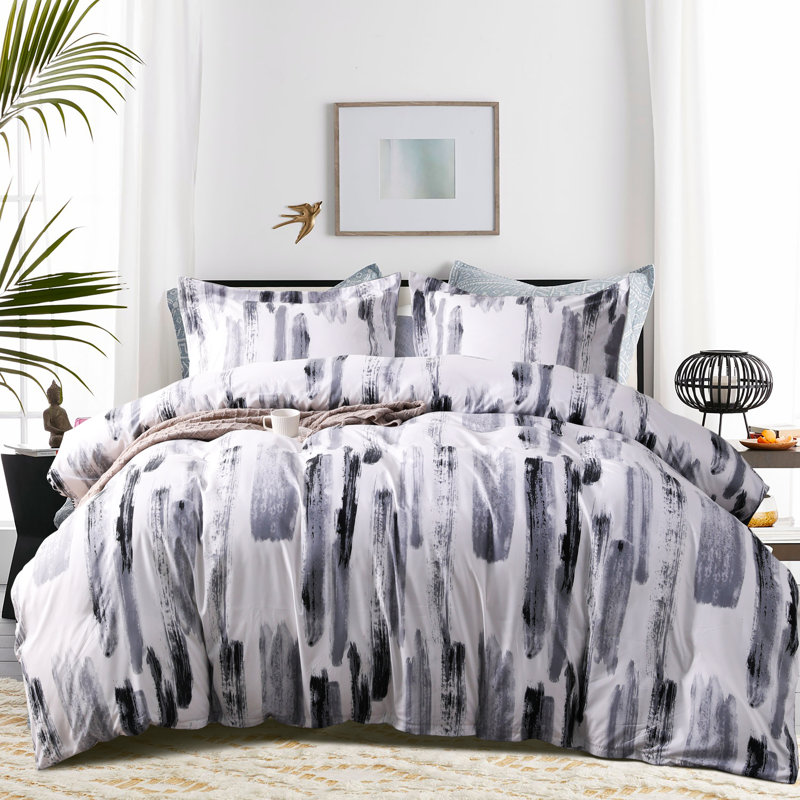 3 Pieces Duvet Cover Set, 100% Brushed Microfiber Ink Pattern Comforter Cover Set with Ties - NTBAY, Twin + 1 Sham