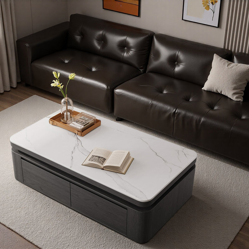 Table basse avec tiroirs Modern Rockboard, H 19,7 po x l 55,1 po x P 31,5 po, Blanc, Gris