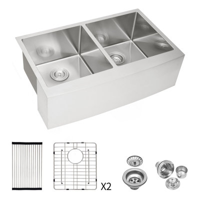 Évier de cuisine à double cuve (50/50) - Évier de cuisine à tablier frontal en acier inoxydable de calibre 16 avec deux cuves profondes de 10 po x 21 po x 10 po