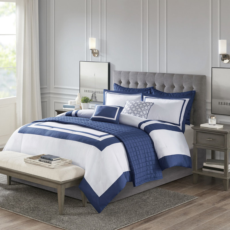 Navy and White King Microfiber Reversible 8-Piece Bedding Set